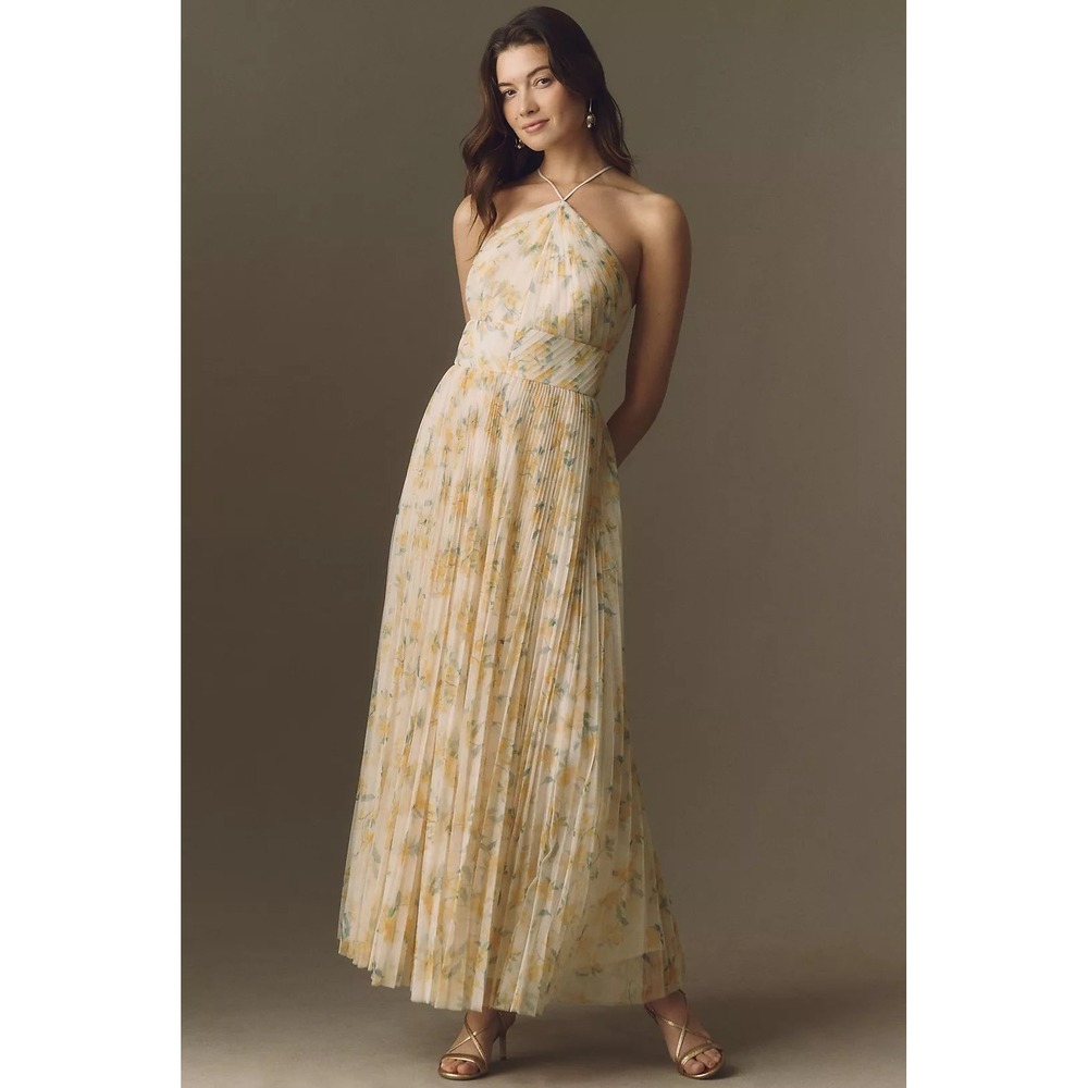 New! Hutch Blaine Yellow Floral Pleated‎ Halter Maxi Gown Size 2 $398